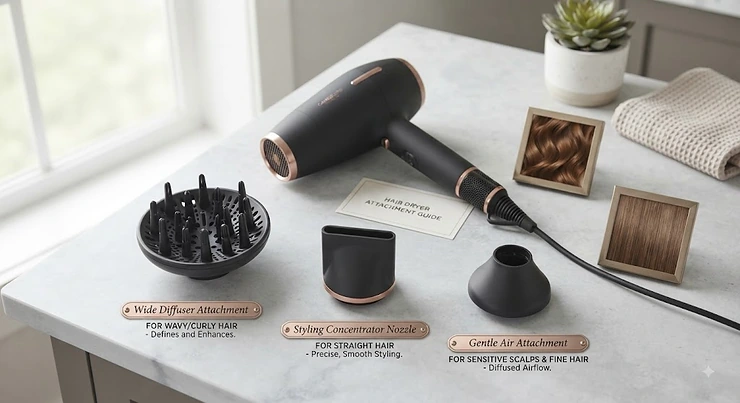 A guide showing different hair dryer nozzles suitable for both wavy and straight hair textures.