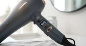 Close-up view of digital heat settings and cool shot button on a high-end colour-safe hair dryer for heat-damaged protection.