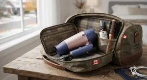 Compact travel-friendly cool-shot hair dryer for coloured hair packed in a Canadian travel bag