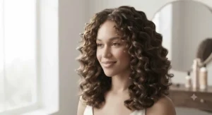 Stunning end-results of a smooth blowout using an anti-frizz hair dryer for curly hair, showcasing touchable, soft definition.