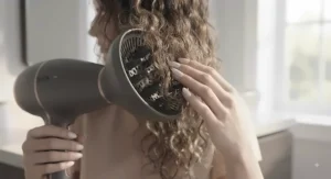 A professional hair dryer with a diffuser attachment being used to gently dry curly, heat-damaged hair.