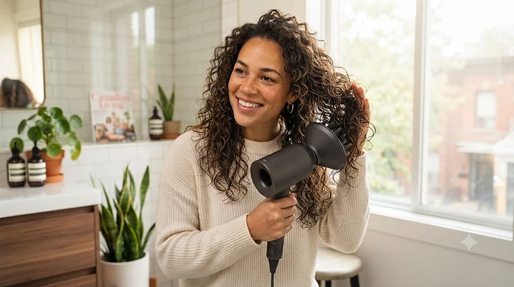 A Canadian woman styling defined, frizz-free curls using a diffuser hair dryer for curly hair in a bright Toronto home.