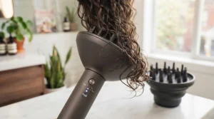 Low heat and cool shot settings on a diffuser hair dryer for curly hair to prevent heat damage and seal the cuticle.