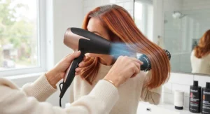 Ergonomic cool-shot hair dryer for coloured hair held comfortably by a user during blow-drying