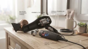 Ergonomic layout of a heavy-duty hair dryer offering comfortable handling during extended styling sessions.