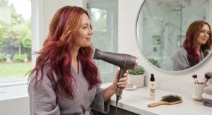 A woman with vibrant dyed hair drying her locks with a low-heat professional hair dryer to prevent colour fade.