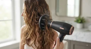 Close-up of a hair dryer with a diffuser attachment being used to gently enhance natural waves on hair.
