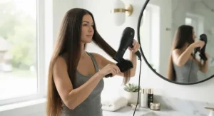Person using a smoothing hair dryer attachment to straighten long hair