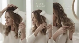 Step-by-step tutorial image showing how to hold a beach wave hair dryer for optimal volume.