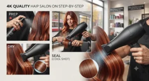 Step-by-step guide illustration on how to use a cool-shot hair dryer for coloured hair