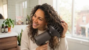 Step-by-step pixie diffusing technique using a diffuser hair dryer to boost volume and curl definition.
