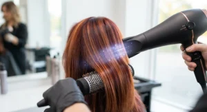 Demonstration of an ionic hair dryer reducing static and frizz while protecting fragile colour-treated hair.