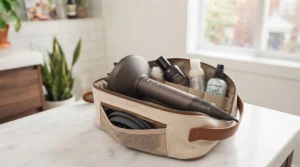 Lightweight diffuser hair dryer for curly hair packed for weekend trips across Canada.