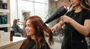 A Canadian salon stylist using an advanced hair dryer on a client's freshly dyed, glossy locks.