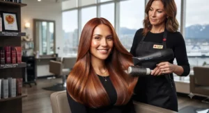 A Canadian customer showing radiant shine after blow-drying with a cool-shot hair dryer for coloured hair