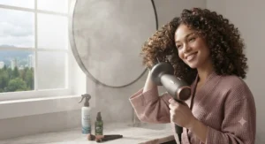 A woman with radiant curly hair smiling while using an anti-frizz hair dryer in a humid Vancouver bathroom setting.