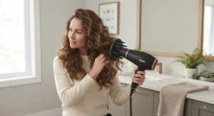 A person with wavy hair using a high-performance hair dryer for defined, voluminous results.