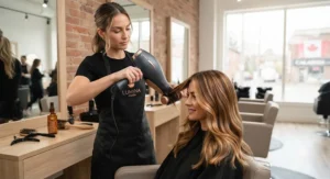 A professional hair stylist in a Canadian salon using a premium colour-safe hair dryer on a client's vibrant balayage.