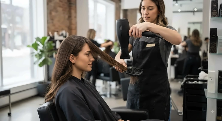 Professional smoothing hair dryer creating sleek, straight hair in a Canadian studio setting