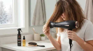 A tourmaline ceramic hair dryer for heat-damaged hair working to smooth frizz and seal cuticles in dry Canadian indoor climates.