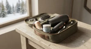 A compact anti-frizz hair dryer for curly hair packed in a travel bag alongside hair products, ideal for Canadian winter getaways.