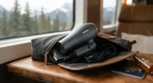 A compact travel-size colour-safe hair dryer neatly packed in a travel pouch, ideal for trips across Canada.