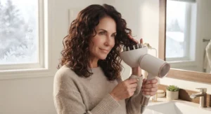 Styling curly hair using a diffuser attachment on a low-heat hair dryer for damage protection.