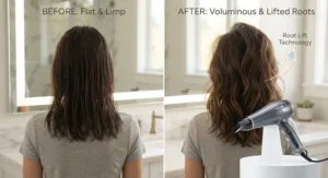 Infographic showing flat hair before versus high-volume, lifted roots after using a root-lifting hair dryer.