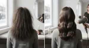 Before and after comparison showing shiny, hydrated hair achieved using a moisture-lock hair dryer against static.