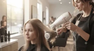 Woman with smooth, frizz-free hair demonstrating the benefits of an ionic hair dryer in humid Canadian summer weather.