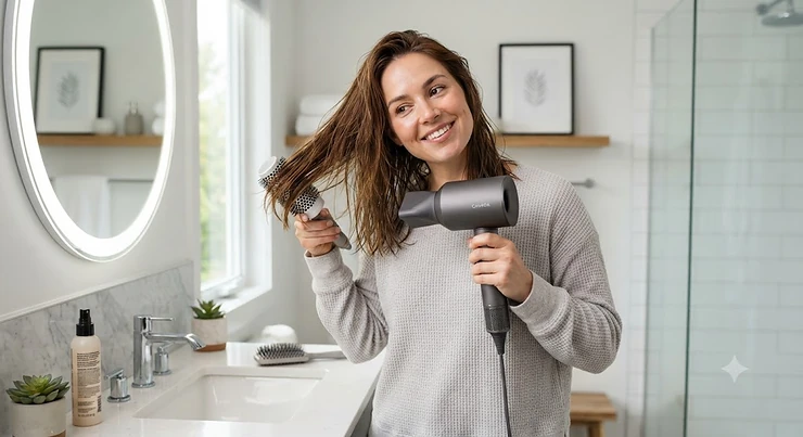 A Canadian woman styling her shoulder-length hair with a sleek, modern hair dryer for medium-length hair in a bright, modern bathroom.