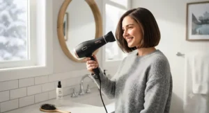 An ionic hair dryer for short hair working to reduce winter static and frizz in a Canadian home.