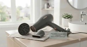 Ceramic hair dryer displayed with its concentrator nozzle and styling attachments for precision drying.