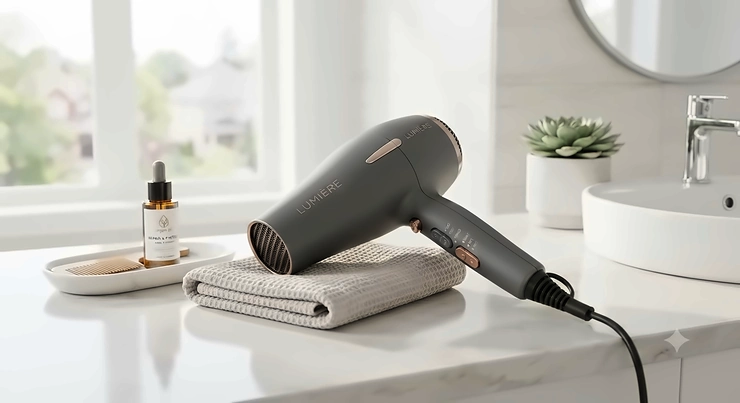 A sleek ceramic hair dryer designed for damaged hair, resting on a clean bathroom vanity. ceramic hair dryer for damaged hair