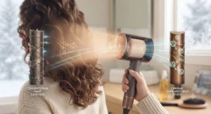 Diagrammatic illustration of a ceramic hair dryer for dry hair distributing even heat to prevent heat damage.