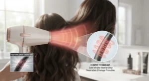 Illustration of infrared heat distribution on hair using a ceramic hair dryer to protect against heat damage.