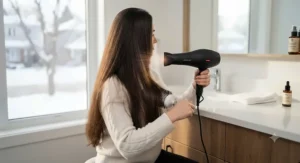 A ceramic hair dryer distributing even heat to protect long hair from heat damage and split ends.