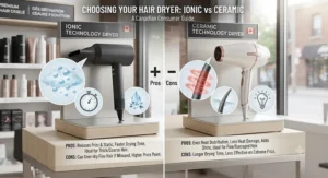 Infographic summarizing the pros and cons of choosing an ionic hair dryer versus a ceramic hair dryer.