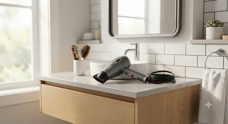 A compact hair dryer for short hair resting neatly on a modern Canadian bathroom vanity.