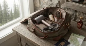 A compact and lightweight hair dryer for medium-length hair packed neatly into a travel bag for a weekend getaway in Canada.