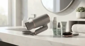 A compact travel hair dryer for oily hair displayed on a modern vanity next to oil-absorbing styling products.