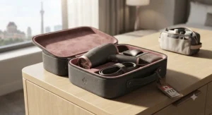 Compact moisture-lock hair dryer packed neatly in a travel case, ready for weekend getaways across Canada.