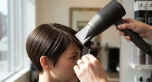 A close-up of a concentrator nozzle on a hair dryer precision-styling a sleek pixie cut.