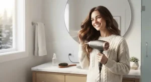 Happy customer using the moisture-lock hair dryer in a bright, modern Canadian bathroom setup.