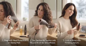 Step-by-step illustration of a styling routine using a hair dryer for dry hair to maintain long-lasting smoothness.