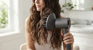 A diffuser attachment on a fast-drying hair dryer for long hair defining natural waves.