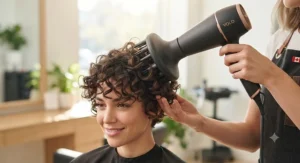 Diffuser attachment on a pixie cut hair dryer enhancing natural curls and texture.