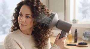 Illustration of a diffuser attachment on a hair dryer for dry hair defining curls while protecting delicate strands.