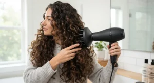 A hair dryer fitted with a diffuser attachment defining long curly hair for a bouncy, voluminous look.