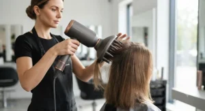 A professional hair dryer for oily hair equipped with a diffuser attachment adding root lift and volume to fine hair.